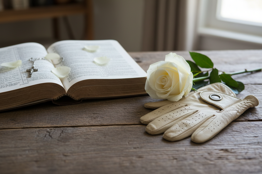 Bible, golf glove and white rose
