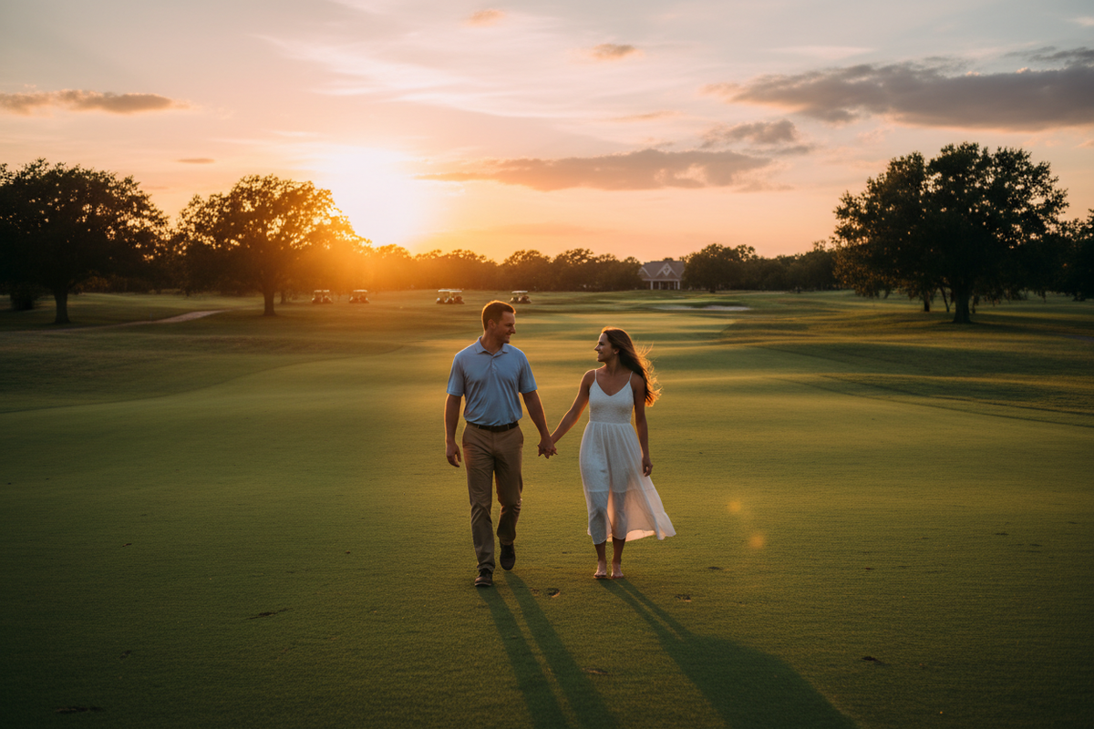 Couple walking on golf course at sunset